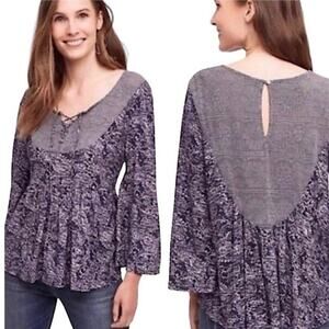Anthropologie Akemi + Kin Marcella Blue Purple Lace Up Boho Peasant Top - L